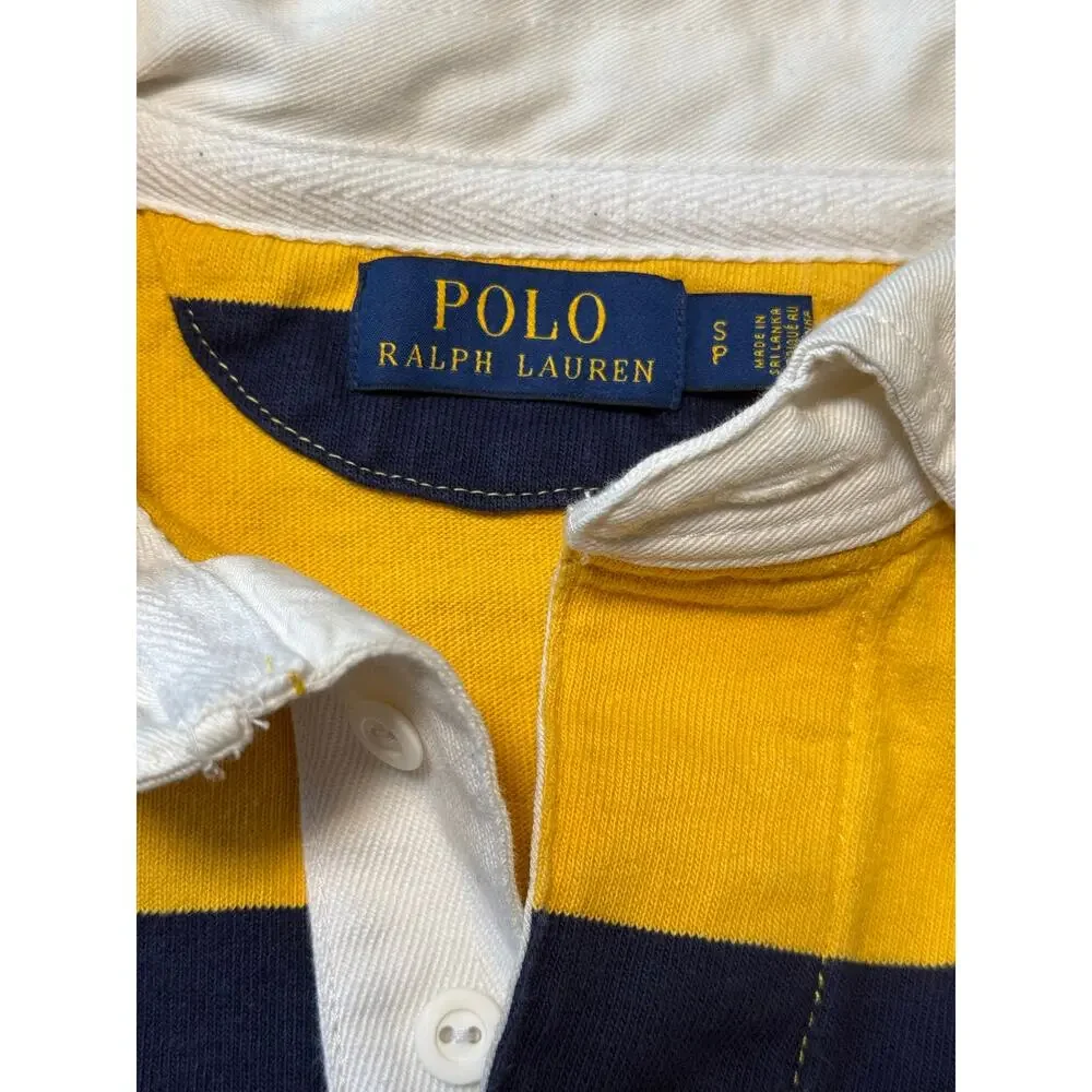 Polo Ralph Lauren Rugby Shirt Mens Small Yellow Navy Blue Striped Long Sleeve